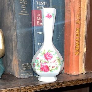 Floral White Bud Vase with Pink Roses. 5.5” Regency Grannycore